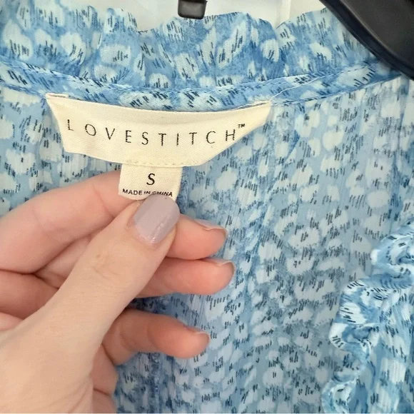 Lovestitch Sheer Floral Bishop Sleeve Ruffle Tier Mini Dress Light Blue Size S - Picture 6 of 12